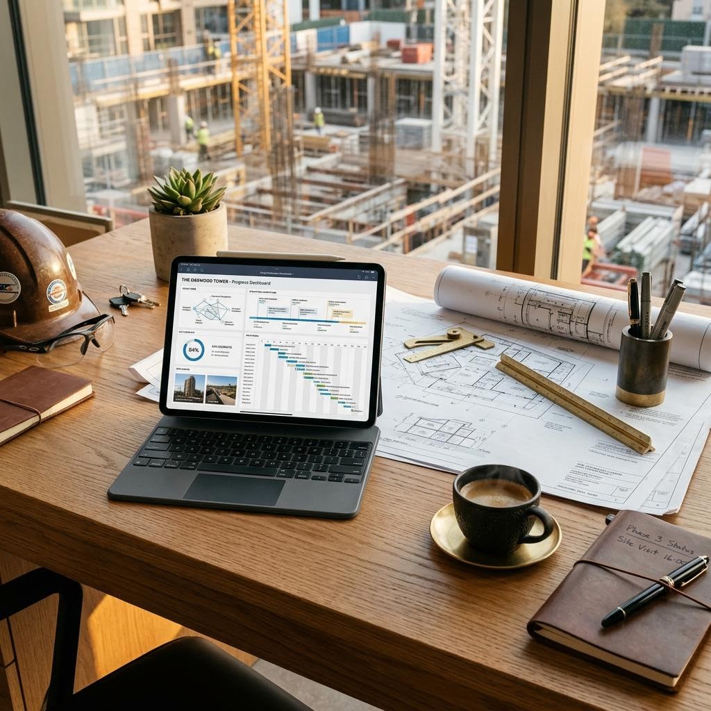 Construction planning workspace with plans and project technology
