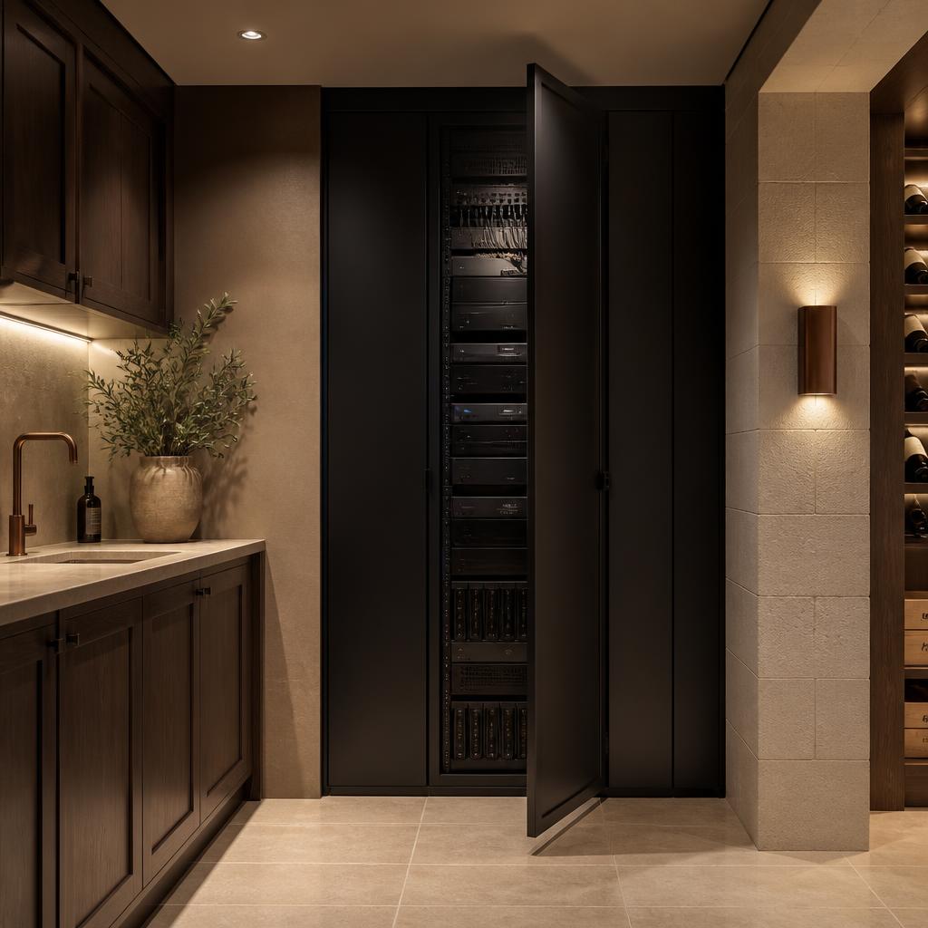 Discreet home technology equipment room integrated into a luxury residence